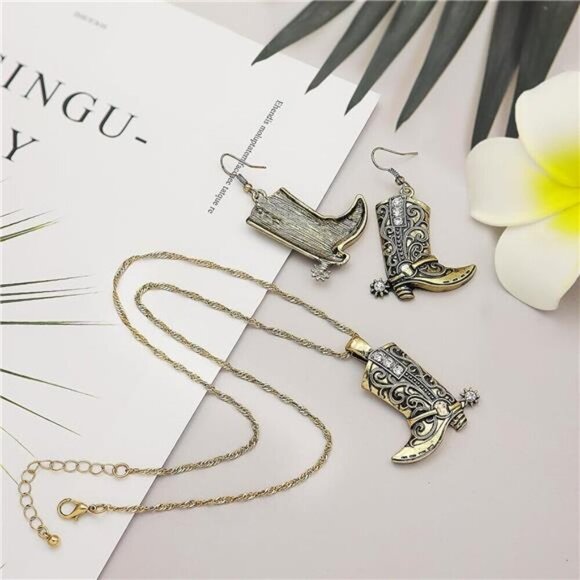 Gold-Tone Cowboy Boot Jewelry Set – Western Necklace and Earring Set - Picture 3 of 6